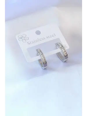 316L Çelik Gümüş Renk Zirkon Taşlı Kadın Küpe