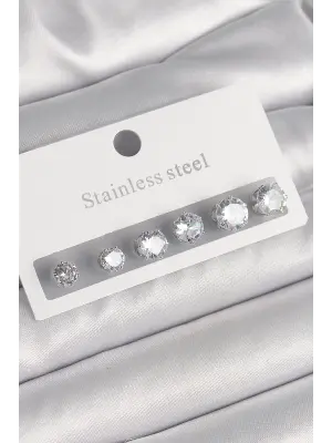   Gümüş Zirkon Taşlı Çelik Küpe Seti