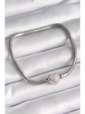 316L Çelik Gümüş Renk Zirkon Taşlı Kalp Charm Model Kadın Bileklik