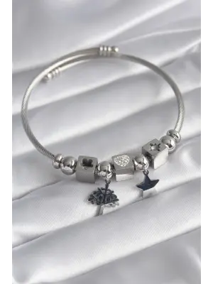 316L Çelik Gümüş Renk Zirkon Taşlı Kalp Detay Yaşam Ağacı Figür Charm Model Kadın Bileklik