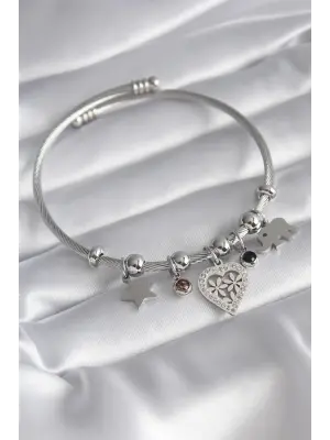 316L Çelik Gümüş Renk Zirkon Taşlı Kalp Figür Fil Detay Charm Model Kadın Bileklik