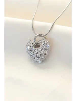  Gümüş  Zirkon Taşlı Kalp Çelik Kolye