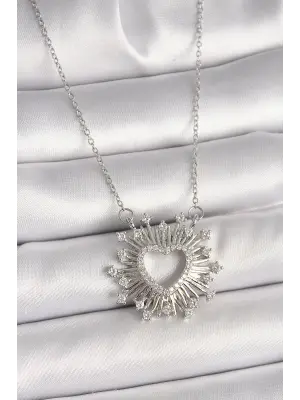 316L Çelik Gümüş Renk Zirkon Taşlı Kalp Model Kadın Kolye