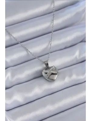  Gümüş  Zirkon Taşlı Kalp Model  Çelik Kolye