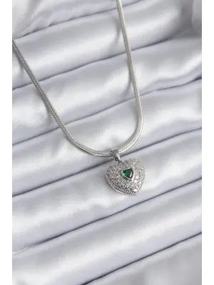  Gümüş  Zirkon Taşlı Kalp Model  Çelik Kolye