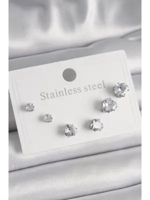   Gümüş Zirkon Taşlı Kalp Model Çelik Küpe Seti