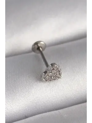 316L Çelik Gümüş Renk Zirkon Taşlı Kalp Model Tragus Piercing