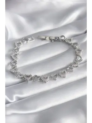 Pirinç Gümüş Renk Zirkon Taşlı Kalp Model VIP Seri Kadın Bileklik