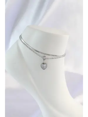 316L Çelik Gümüş Renk Zirkon Taşlı Kalp Tasarımlı 2li Halhal