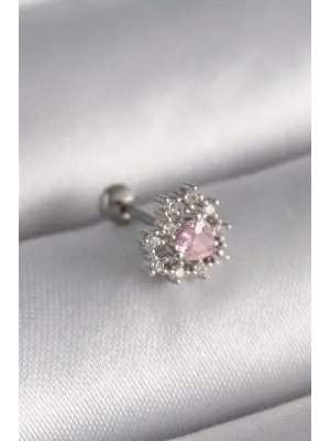 316L Çelik Gümüş Renk Zirkon Taşlı Kalp Tragus Piercing