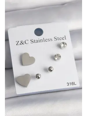   Gümüş Zirkon Taşlı Kalpli Çelik Küpe Seti