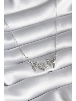  Gümüş  Zirkon Taşlı Kanat Kalp Model  Çelik Kolye