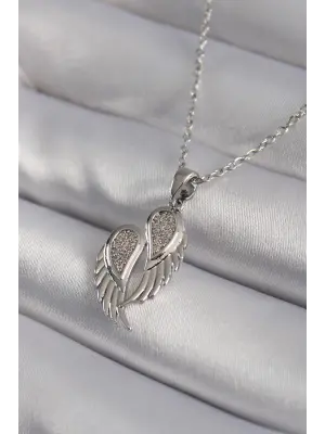  Gümüş  Zirkon Taşlı Kanat Model  Çelik Kolye