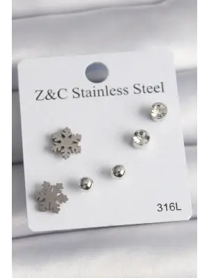 Gümüş Zirkon Taşlı Kar Tanesi Model Çelik Küpe Seti