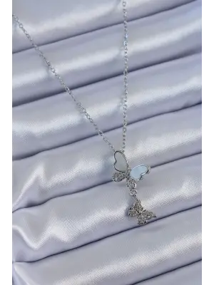 316L Çelik Gümüş Renk Zirkon Taşlı Kelebek Model Kadın Kolye