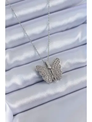  Gümüş  Zirkon Taşlı Kelebek Model  Çelik Kolye