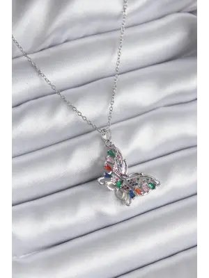  Gümüş  Zirkon Taşlı Kelebek Model  Çelik Kolye