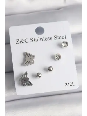   Gümüş Zirkon Taşlı Kelebek Model Çelik Küpe Seti