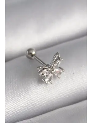 316L Çelik Gümüş Renk Zirkon Taşlı Kelebek Tragus Piercing