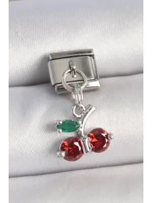 316L Çelik Gümüş Renk Zirkon Taşlı Kiraz Model Nomination Charm