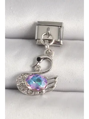 316L Çelik Gümüş Renk Zirkon Taşlı Kuğu Model Nomination Charm