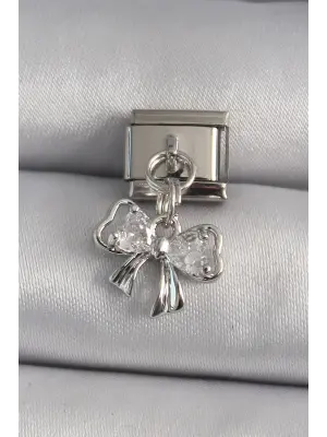 316L Çelik Gümüş Renk Zirkon Taşlı Kurdele Model Nomination Charm