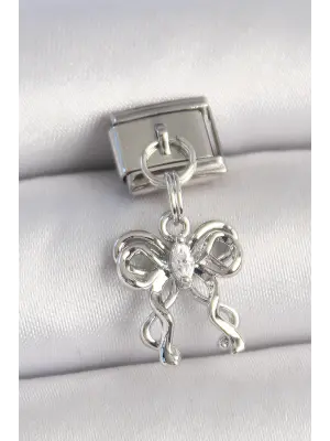 316L Çelik Gümüş Renk Zirkon Taşlı Kurdele Model Nomination Charm