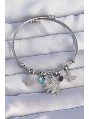 316L Çelik Gümüş Renk Zirkon Taşlı Kuş Tasarımlı Kelebek Detay Charm Bileklik