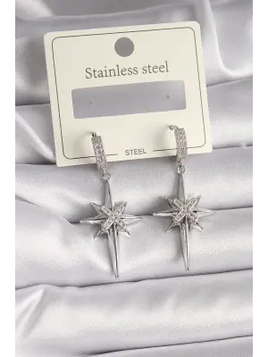   Gümüş Zirkon Taşlı Kutup Yıldız Model Çelik Küpe