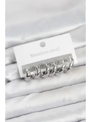 316L Çelik Gümüş Renk Zirkon Taşlı Kutup Yıldızı Model Halka Küpe Seti