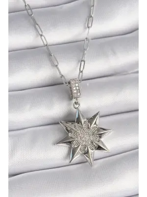  Gümüş  Zirkon Taşlı Kutup Yıldızı Model  Çelik Kolye