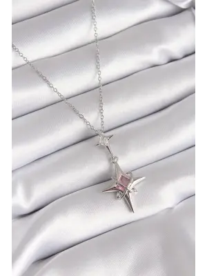  Gümüş  Zirkon Taşlı Kutup Yıldızı Model  Çelik Kolye