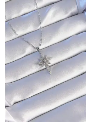  Gümüş  Zirkon Taşlı Kutup Yıldızı Model Çelik Kolye
