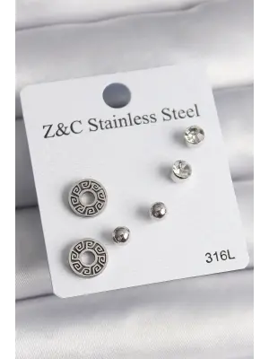   Gümüş Zirkon Taşlı Labirent Model Çelik Küpe Seti