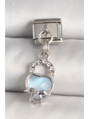 316L Çelik Gümüş Renk Zirkon Taşlı Mavi Kilit Kalp Model Nomination Charm