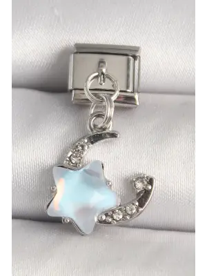 316L Çelik Gümüş Renk Zirkon Taşlı Mavi Mineli Yıldız Model Nomination Charm