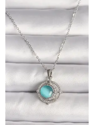  Gümüş  Zirkon Taşlı Mavi Sedefli Hilal Model  Çelik Kolye
