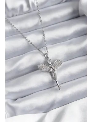  Gümüş  Zirkon Taşlı Melek Model  Çelik Kolye