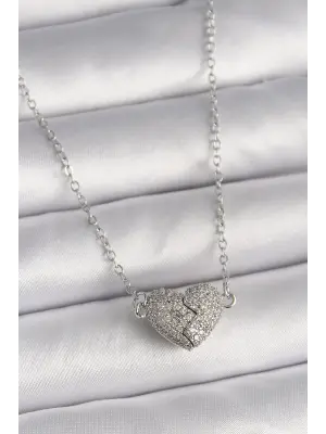  Gümüş  Zirkon Taşlı Mıknatıslı Kalp Model  Çelik Kolye