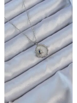  Gümüş  Zirkon Taşlı Mineli Kutup Yıldızı Çelik Kolye