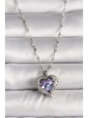  Gümüş  Zirkon Taşlı Mor Kalp Model  Çelik Kolye