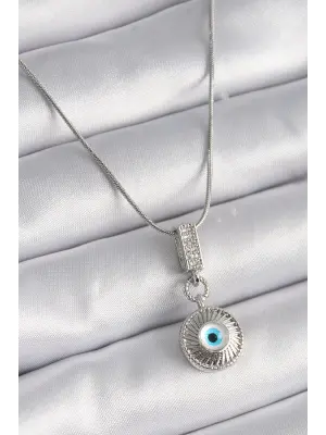  Gümüş  Zirkon Taşlı Nazar Boncuk Model  Çelik Kolye