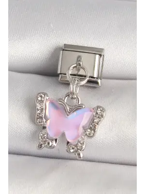 316L Çelik Gümüş Renk Zirkon Taşlı Pembe Kelebek Model Nomination Charm