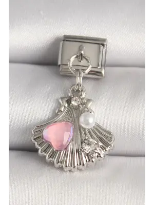 316L Çelik Gümüş Renk Zirkon Taşlı Pembe Mineli Kalp Detay Nomination Charm