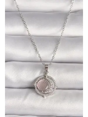  Gümüş  Zirkon Taşlı Pembe Sedefli Hilal Model  Çelik Kolye