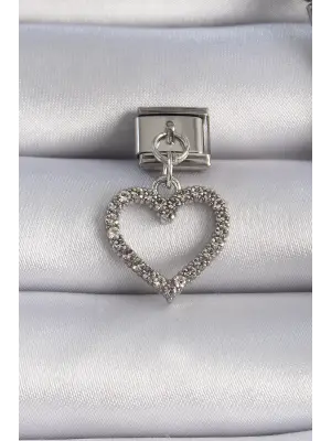 316L Çelik Gümüş Renk Zirkon Taşlı Sallanılı Kalp Figür Nomination Charm