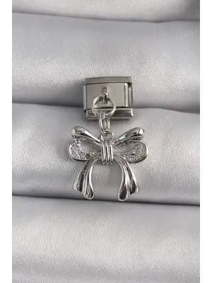 316L Çelik Gümüş Renk Zirkon Taşlı Sallantı Fiyonk Model Nomination Charm