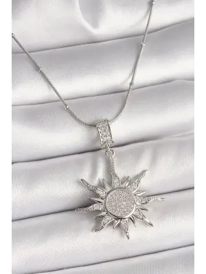 316L Çelik Gümüş Renk Zirkon Taşlı Sallantı Güneş Model Topçuk Zincir Kadın Kolye