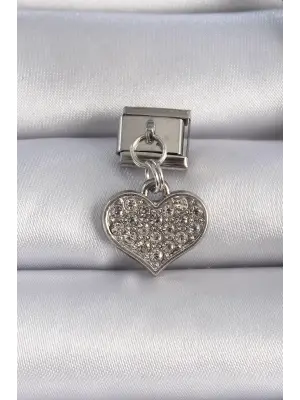316L Çelik Gümüş Renk Zirkon Taşlı Sallantı Kalp Figür Nomination Charm