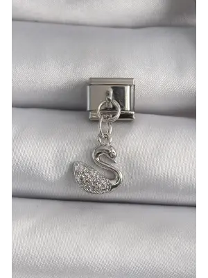 316L Çelik Gümüş Renk Zirkon Taşlı Sallantı Kuğu Model Nomination Charm